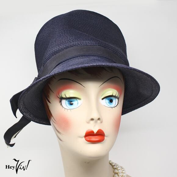 Vintage 50s Navy Cloche Hat White Button Trim Ribbon Bow Union Tag - Hey Viv - Picture 3 of 9
